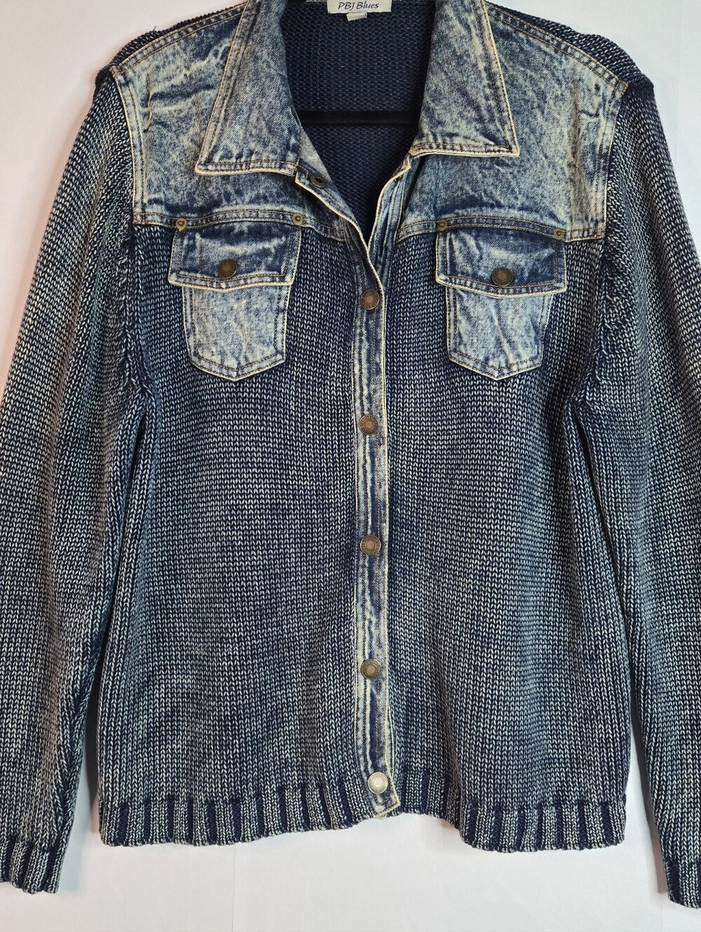PBJ Blues Woman Size M Snap Front Ramie/cotton Y2K Knit Sweater, Denim Accents